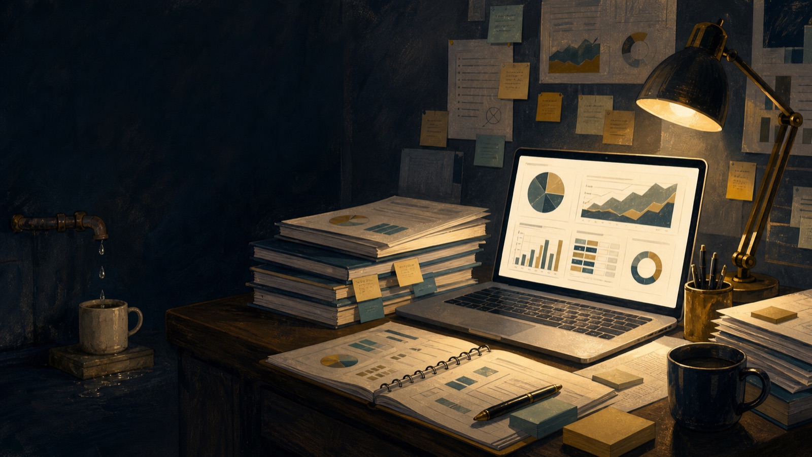 A moody desk with polished AI reports glowing on a laptop while an ignored pipe drips into a mug nearby