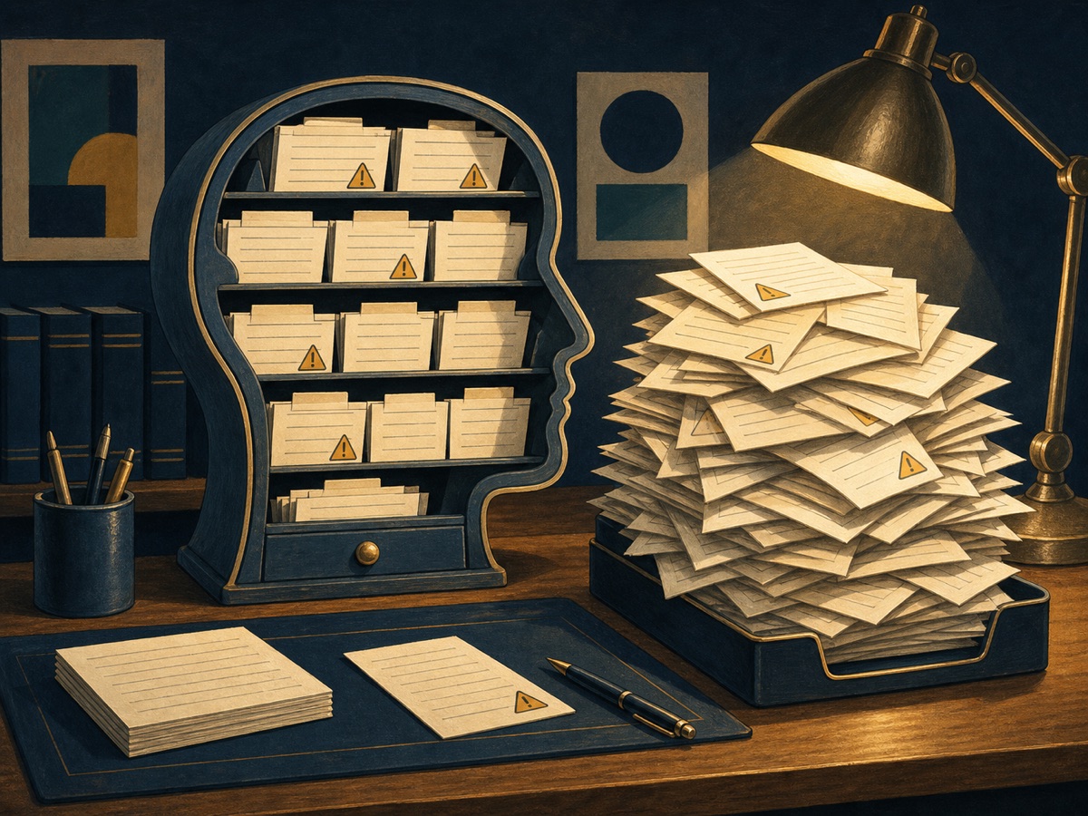 A head-shaped filing cabinet packed with warning-marked papers beside an overflowing inbox of mental debt