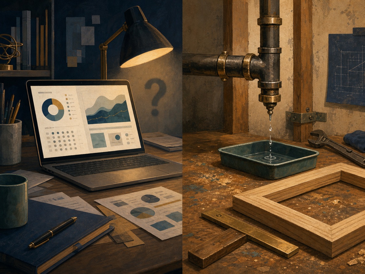 A split office and workshop scene with a polished laptop dashboard on one side and a pipe drip being tested beside a carpenter square on the other