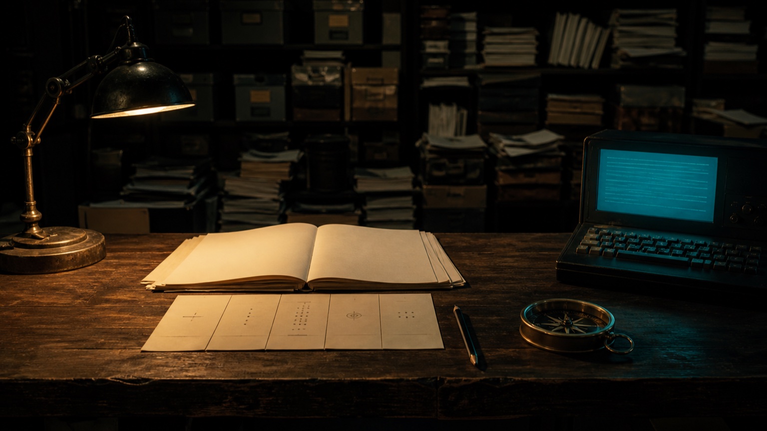 A carefully curated workbench in front of shelves crowded with documents and archive boxes.
