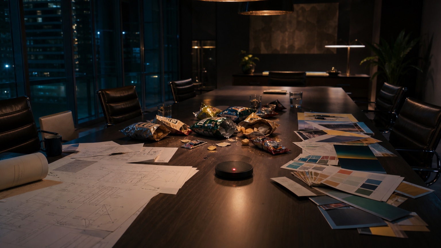 An empty conference table covered with project plans, snack packets and marketing swatches while a recording light remains on.