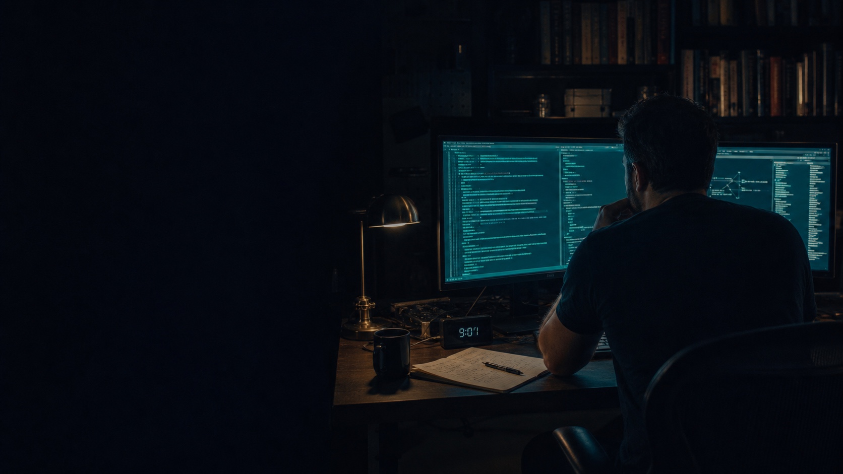 A practitioner working at a screen-lit terminal in a dark home study shortly after 9 pm