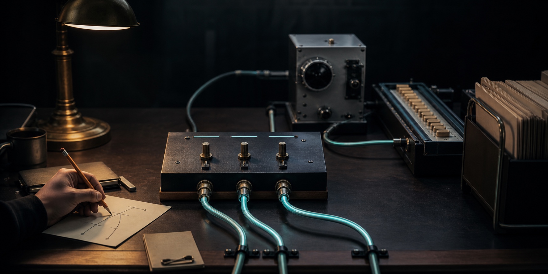 A hand marking a routing decision beside a tactile switchboard sending three teal signal lines toward different kinds of work