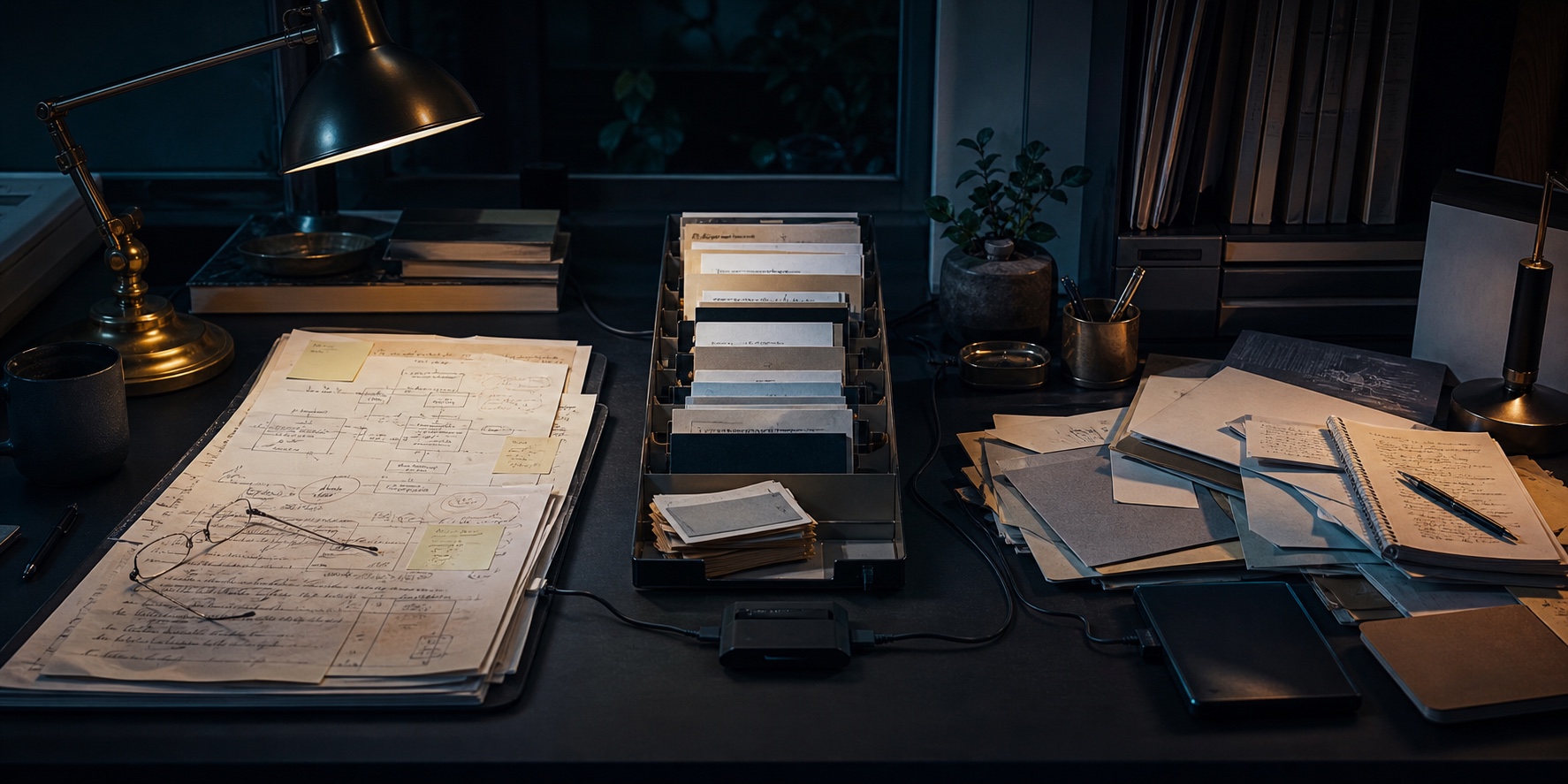 A late-night workbench divided into deep analytical documents, a routine sorting tray and connected organisational records