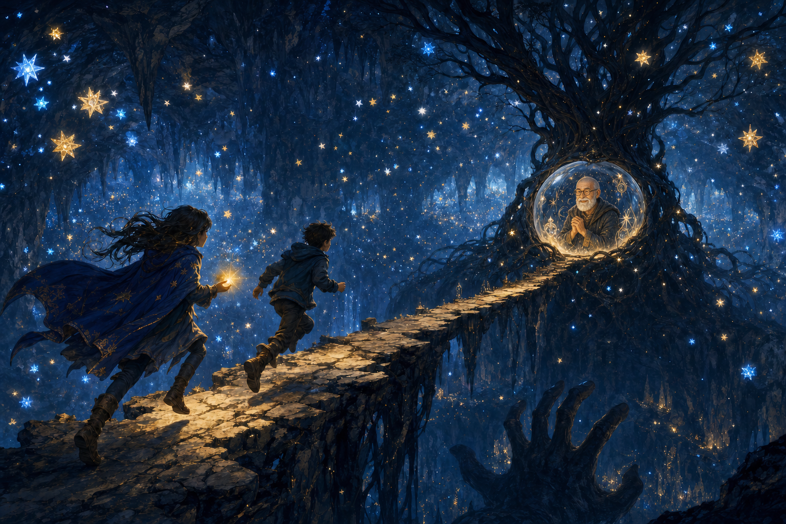 Mara and Finn run across a narrow path in a cavern of floating stars towards Poppy, their bald, grey-bearded grandfather, beneath a black tree.